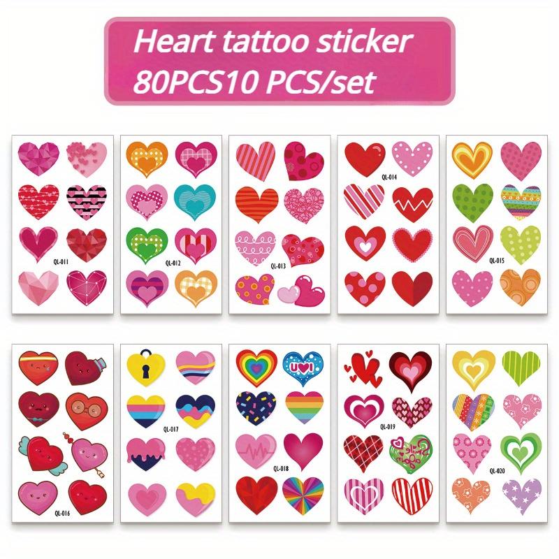 10Sheets /80Pcs Colorful Heart Tattoo Stickers Valentine's Day Mother's Day Face Stickers Heart Tattoo Stickers