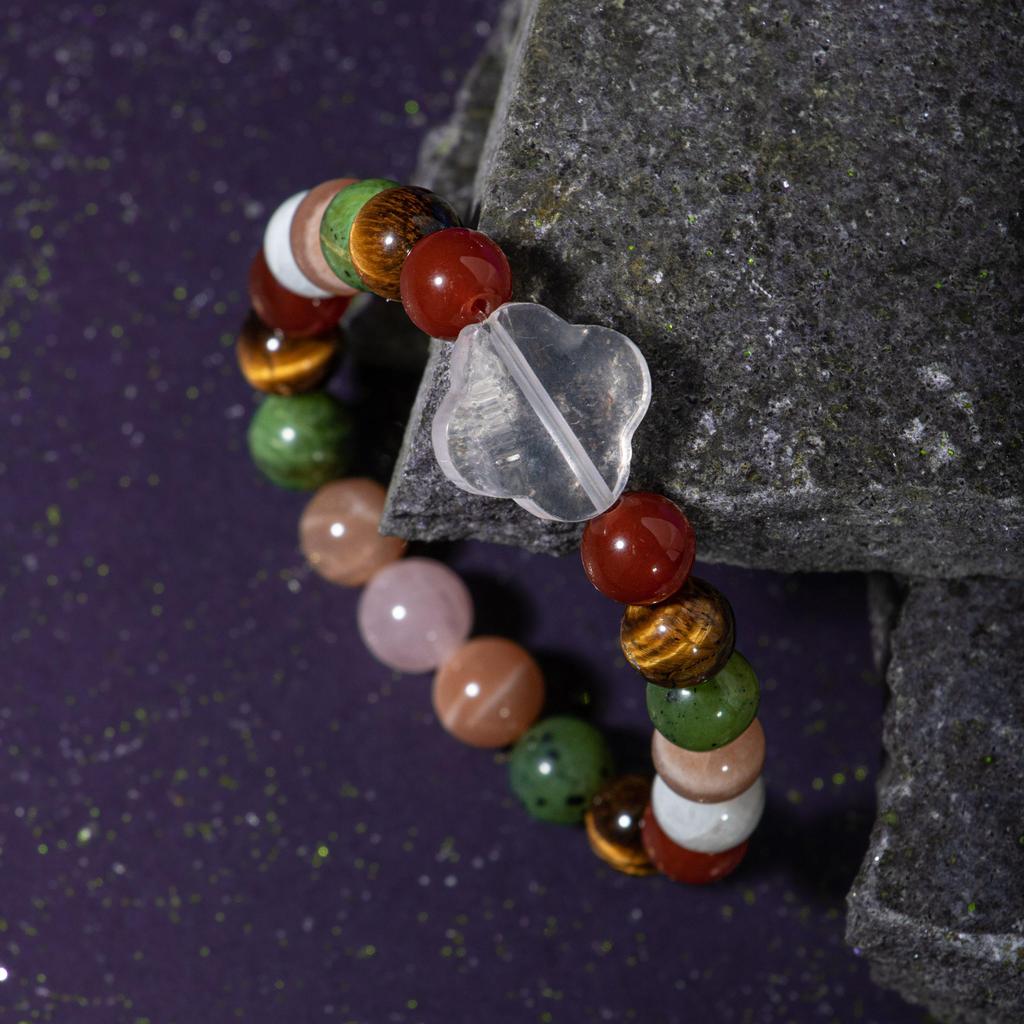 Браслет Близнецы Лунный камень, Солнечный камень, Тигровый глаз, Красный агат, Розовый кварц, Нефрит
