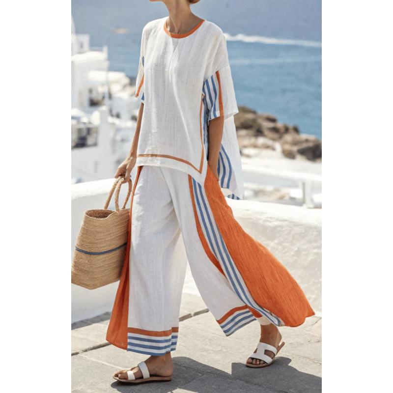 Printed short-sleeved shirt and trousers set Fashion loose round neck top High waist trousers Two-piece set