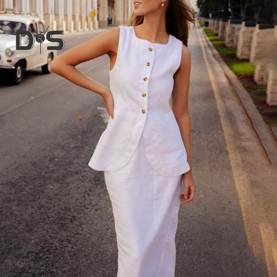 Женский повседневный костюм с квадратным воротником, без рукавов, жилет с длинной юбкой, летний одинаковый комплект для вечеринки, офиса, повседневной одежды