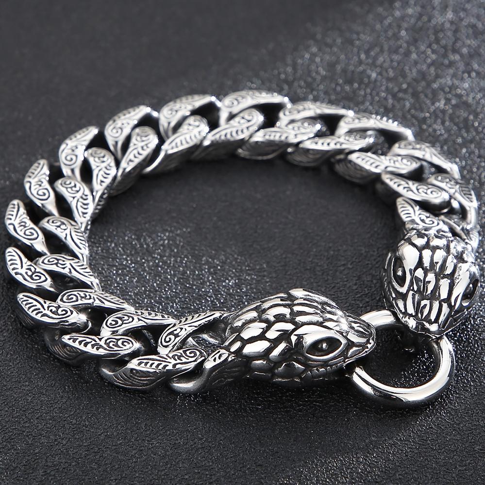 Крутой браслет с головой змеи, мужские кольца на руку, винтажные 15 мм, нержавеющая сталь, бордюрная кубинская цепочка, байкерские украшения