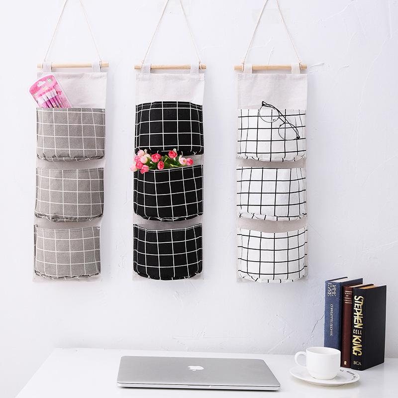Grid Pattern Cotton Linen Three-Pocket Hanging Storage Bag