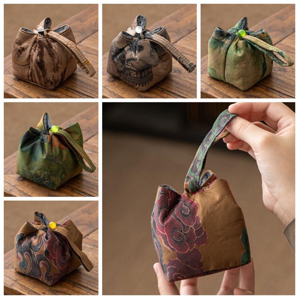 Retro Tea Cup Storage Bag Interwoven Silk Brocade Handbag Printing Teapot Cloth Pouch Camping