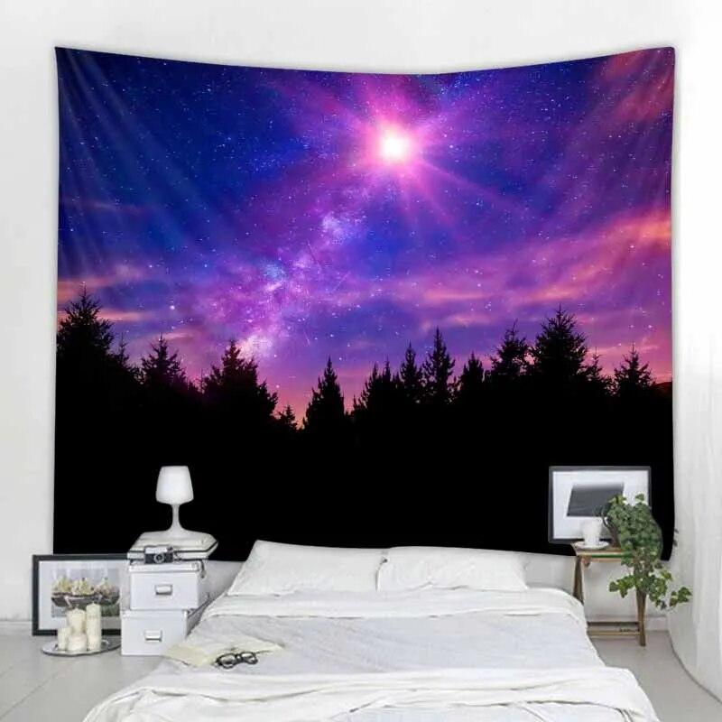 Гобелен со звездным лесом, лунный свет, психоделическое богемное украшение, настенное украшение для дома, комнаты, художественное фоновое украшение