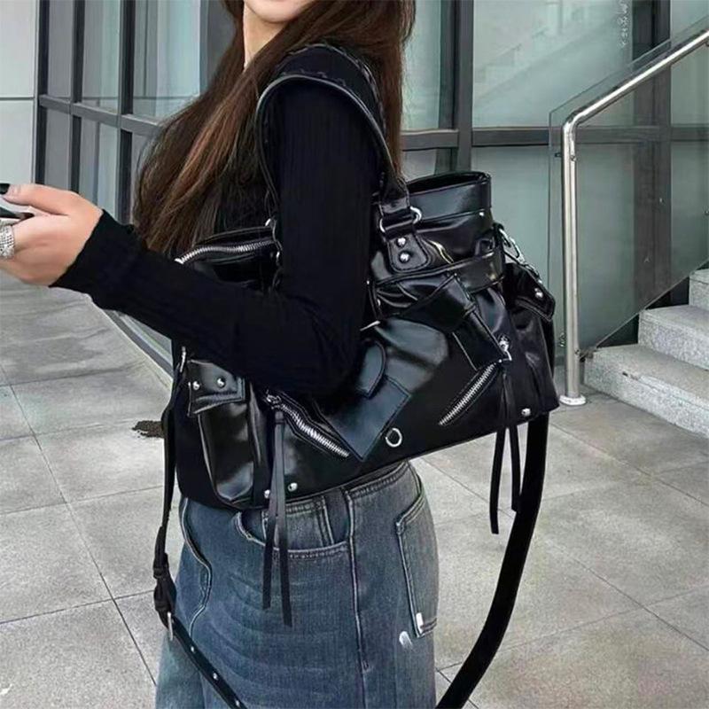 Niche dark punk handbag metal rivet belt decoration multi-pocket bright leather casual shoulder tote women's bag