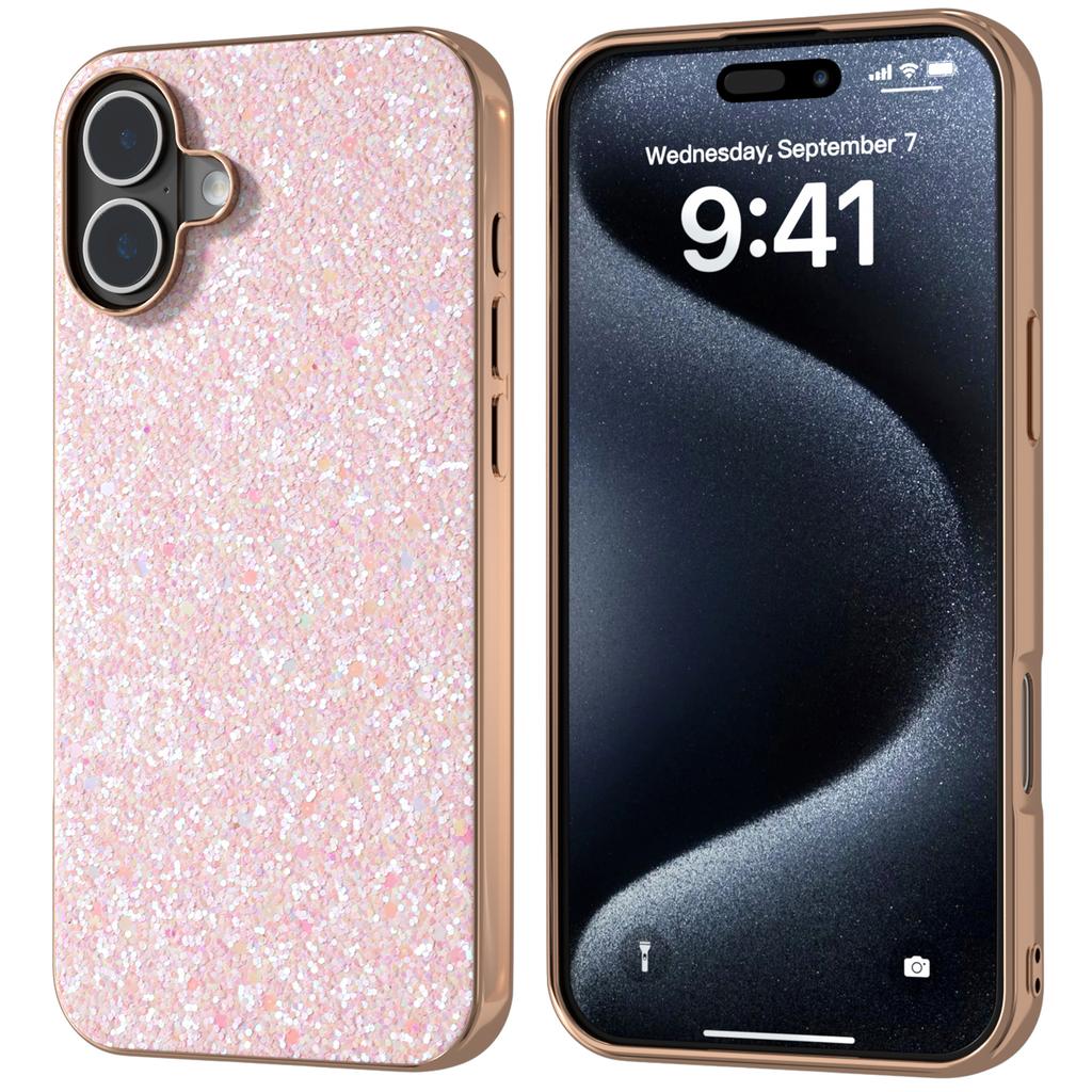 For iPhone 16 Case Electroplating Phone Cover Colored Glitter Design PU+TPU Protective Case - Gardenia White
