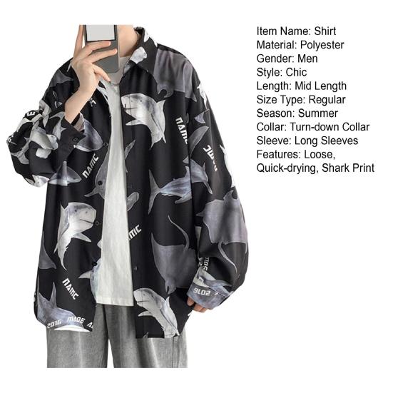Весенне-летняя мужская рубашка с принтом акулы, однобортный отложной воротник с длинным рукавом, свободная уличная одежда средней длины, мужской топ для отпуска