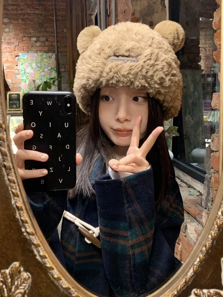 Elegant Bear Plush Knit Hat For Women Winter Warm Thick Fur Beanie Cap