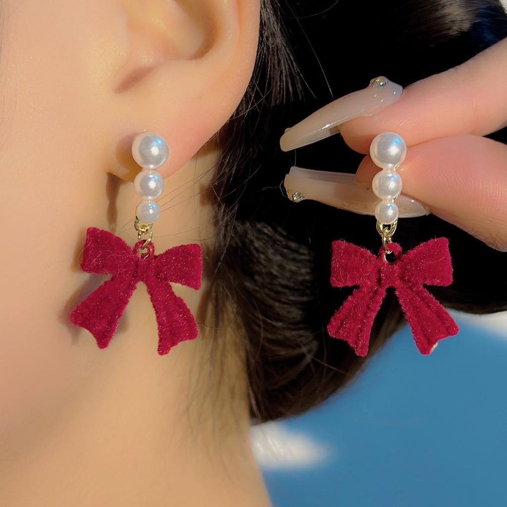 Простые красные и черные банты из жемчуга, плюшевые, легкие, роскошные, темпераментные, высококачественные серьги-гвоздики