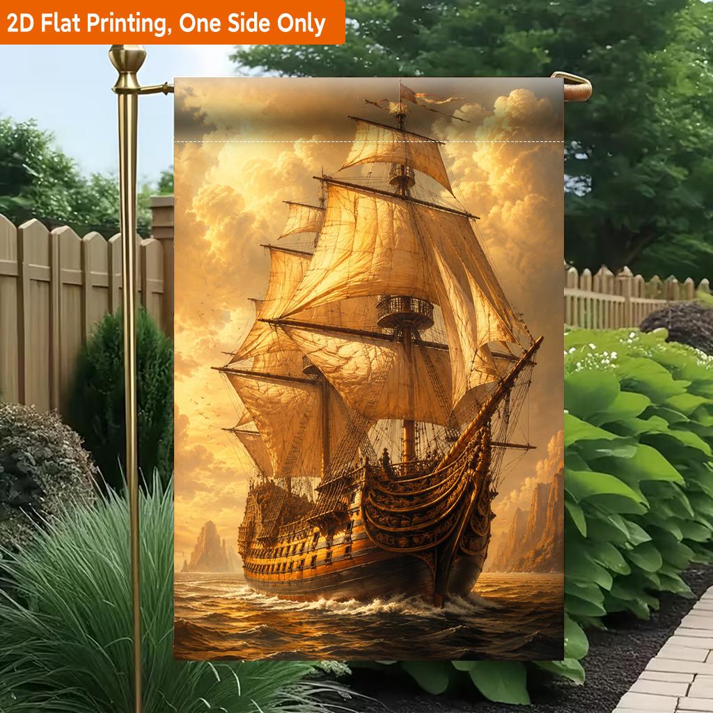 2D Flat, 2D Flat Printing Garden Flag 1pc, Sailing Ship On Ocean Durable Single-Sided Print Yard Flag, Garden & Home Holiday Decoration, 29.97x44.96 c