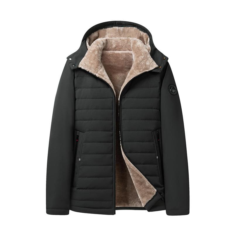 Jacket for Middle-aged and Elderly, Fleece-lined, Thickened, Cold-resistant, Warm, Solid Color, Regular Fit, Men's Cotton Coat, Dad's Outfit