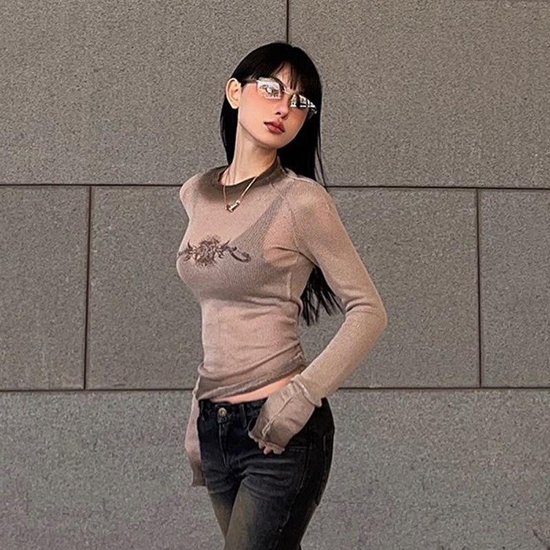 Киберготическая сетчатая прозрачная футболка Techwear, модная уличная одежда Y2k, укороченные топы с длинными рукавами, облегающий женский сексуальный наряд