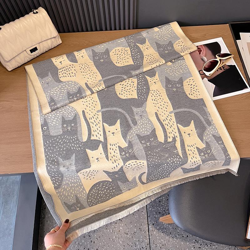 Cartoon Cat Contrasting Colors Double-Sided Imitation Cashmere Scarf Winter High-End Warm Shawl Women