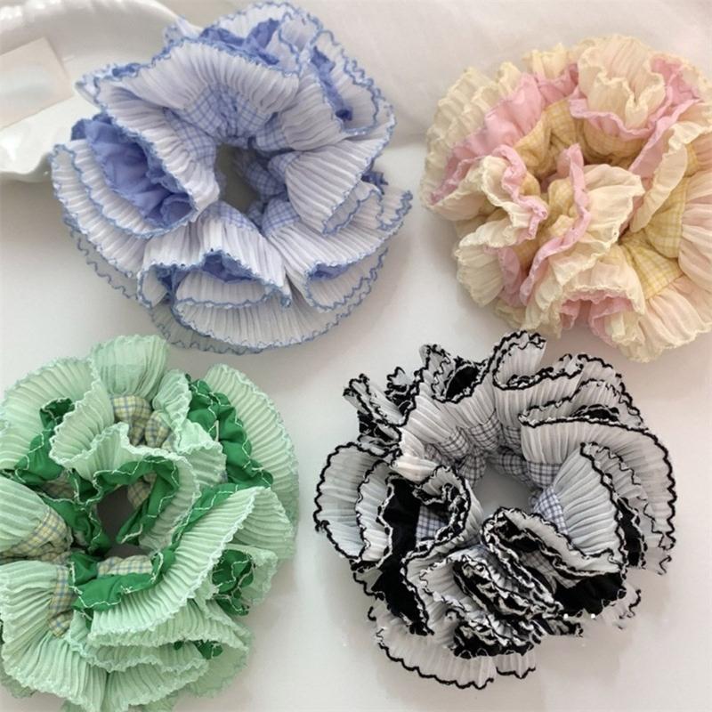 Aesthetic Scrunchies Elastic Multilayer Lace Hair Rope Wedding Party Beach Headwear Big Buns Hair Elastic Check Hairtie