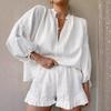 Women's Summer Sexy Lace Up High Waist Fashion Solid Color Loose V Neck Lantern Sleeve Shorts Two Piece Set