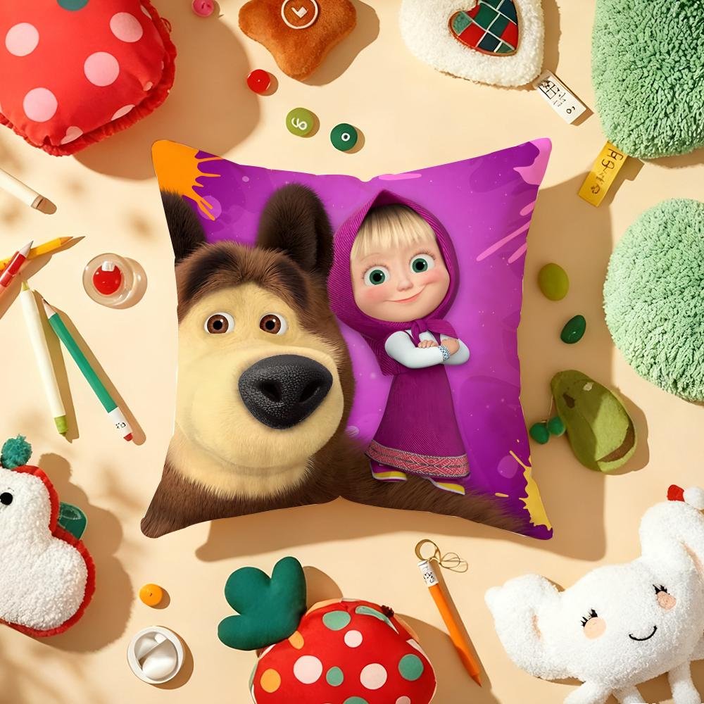 Anime MMasha And The Bear Cushion Cover Plush Fabric Soft DoubleSided Printed Sofa Warm Winter Home Gift Pillow Cover