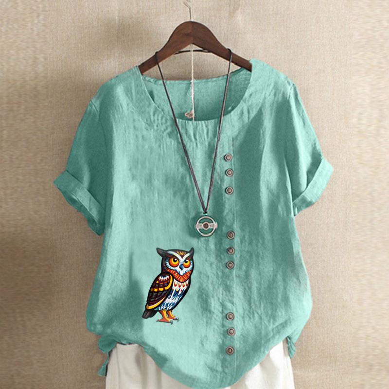 Women's Fashion Round Neck Short Sleeve T-shirt Casual Cotton Linen Graphic Shirt Leisure Loose Owl Print Prined Summer Blouse Tops