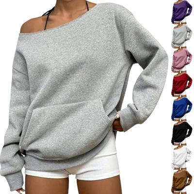 Женская повседневная модная однотонная толстовка с открытыми плечами, длинными рукавами и карманами