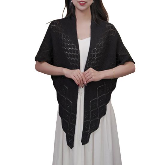 Women Knitting Shawl Solid Color Fringe Design Lightweight Versatile Hollow Shawl Open Knitted Pattern Shawl