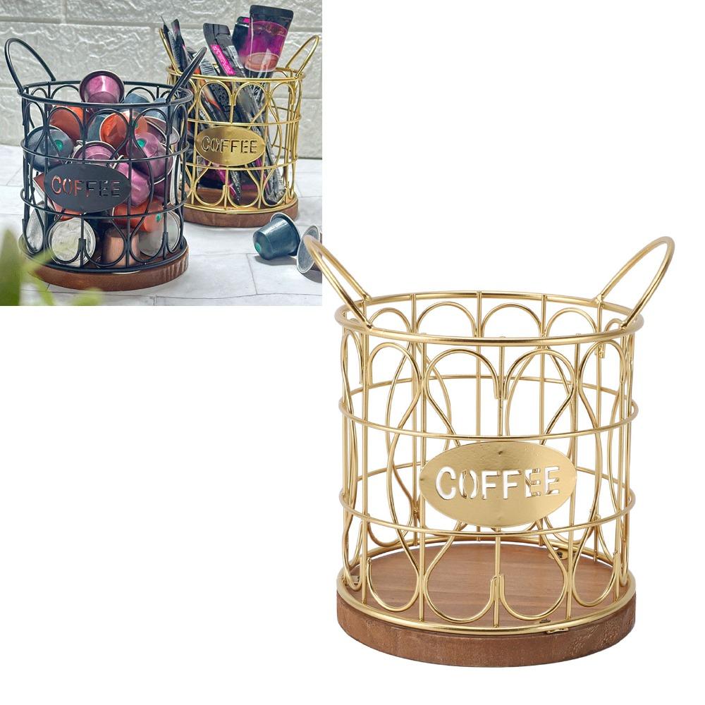 Decorative Round Coffee Pod Basket Metal Coffee Capsule Storage Basket Kitchen Countertop