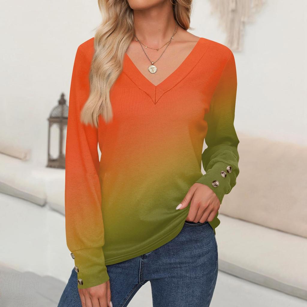 Women's Tops Gradient Printed Long Sleeve Shirt V Neck Casual Loose T-Shirt Autumn Clothing