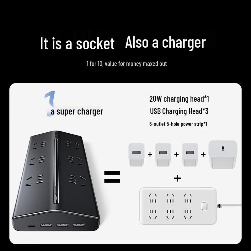 Ugreen T6 GaN 20W USB-C Fast Charging Desktop Power Strip CN plug (adapter included)