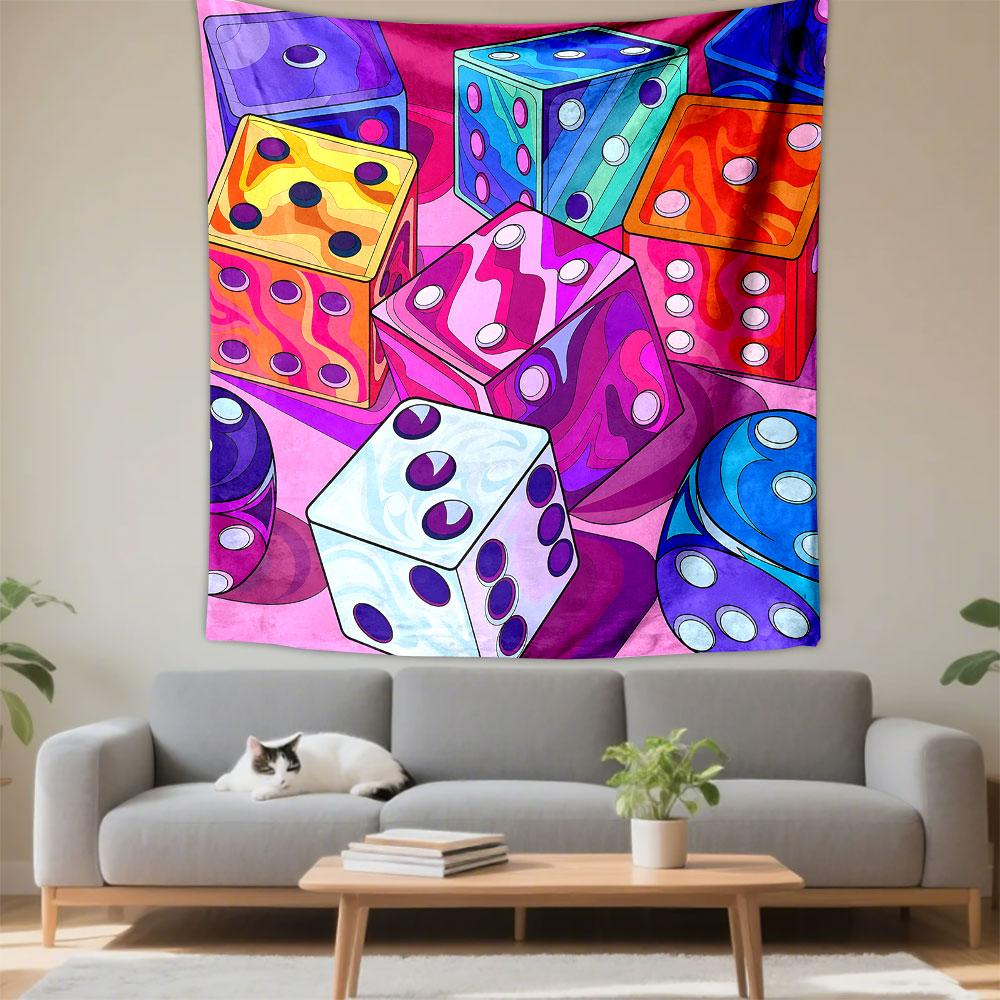 Colorful Dice Pattern on Pink Tapestry Patterned Tapestry Decorative Wall Hanging, Home Bedroom Living Room Decor