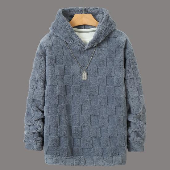 Осень Зима Мужское Худи Однотонное Клетчатое Свободное Повседневное С Капюшоном Толстовка Дышащая Плотная Теплая Плюшевая С Длинными Рукавами Пуловер Топ