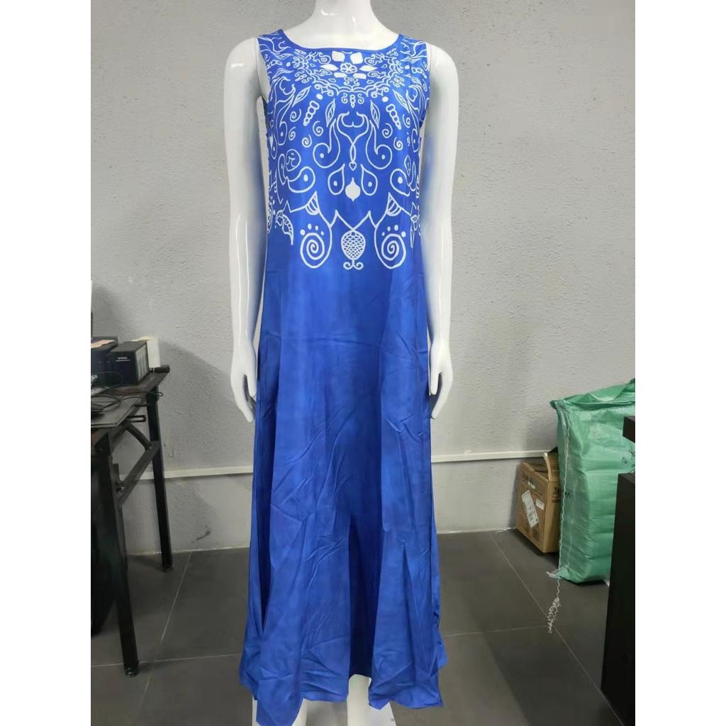 GMXIA Summer Positioning Flower Round Neck Sleeveless Loose Print Dress Long Skirt Women