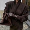 Dark Brown Suede Lapel Laxe-up Jacket Women's Warm Long Sleeve Commute Blazer Retro British Style Temperament Jacket Autumn 2025