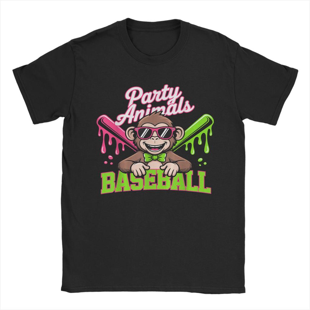 Party Animals Baseball Monkey T Shirt Unisex Pure Cotton Vintage TShirt Crewneck Tees Short Sleeve Clothing Big Size