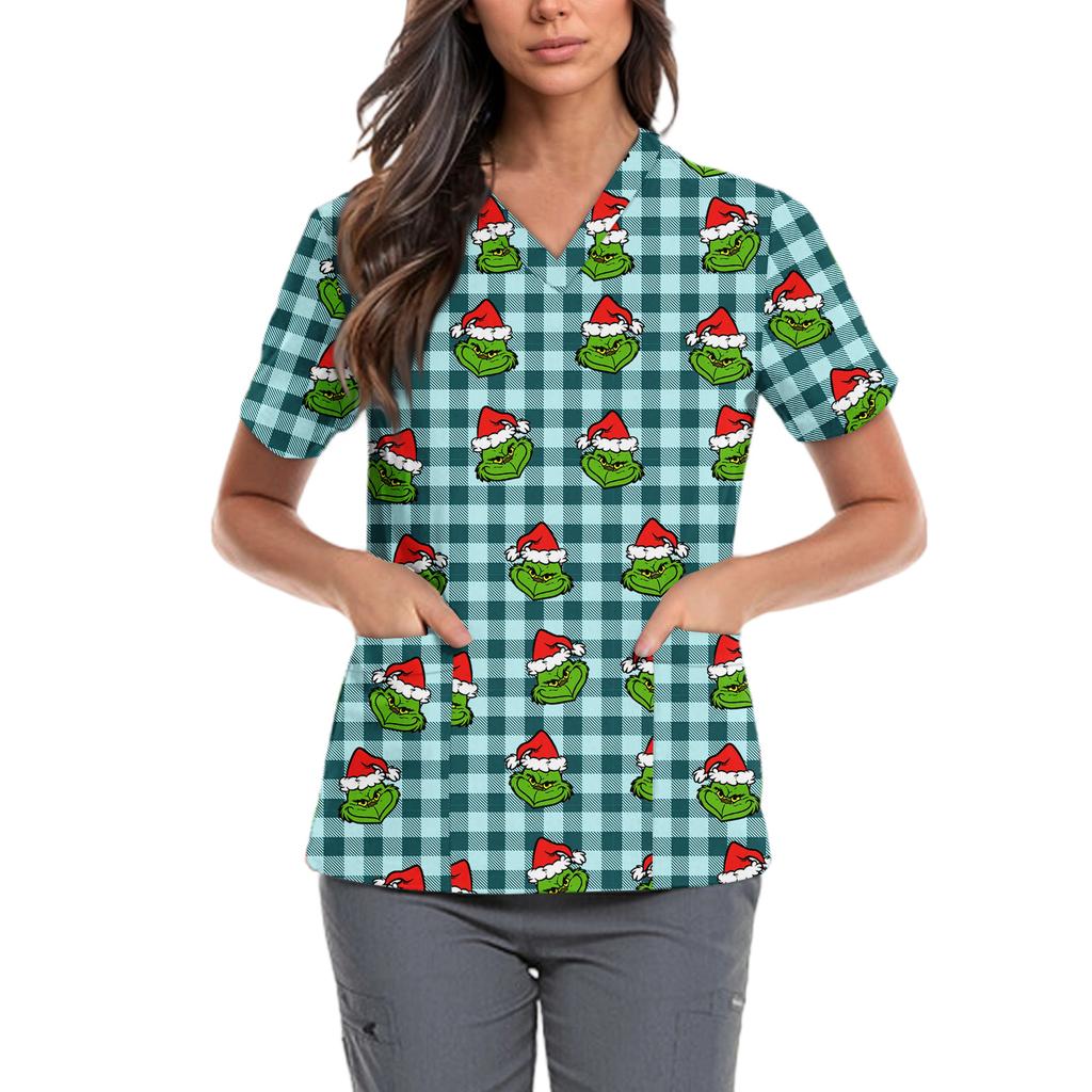 Женская милая блузка с принтом бантиков, рабочая одежда, V-образный вырез, двойной слой, карманы, базовая, с коротким рукавом, пуловер