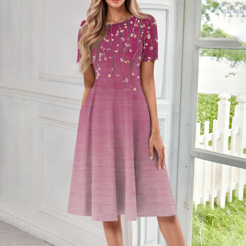 Женское повседневное модное платье миди с круглым вырезом и коротким рукавом с принтом
