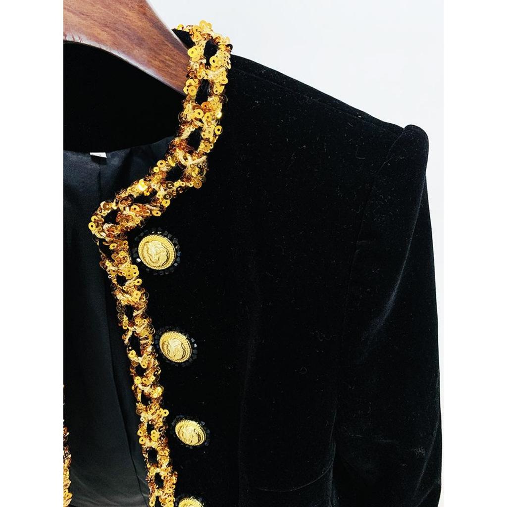 2024 New Spring Autumn Women's Jacket Fashion Outerwear Sequin Gold Buttons Velvet Jackets for Ladies Long Sleeves Short Cardigans