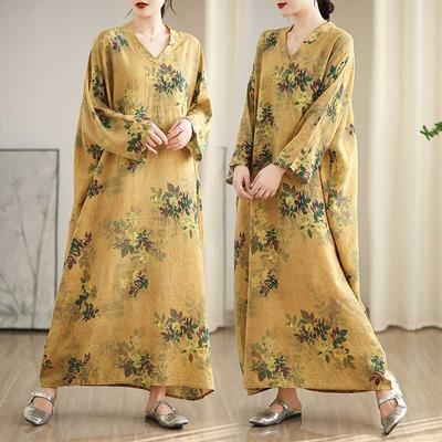 Красочный отпускной стиль, дорожное платье с V-образным вырезом, ретро, длинная юбка, хлопок, лен