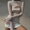 Sexy See Through Long Sleeve Mock Neck Women Tops Fashion Streetwear T-Shirts Tees Elegant Ladies Slim Clothes