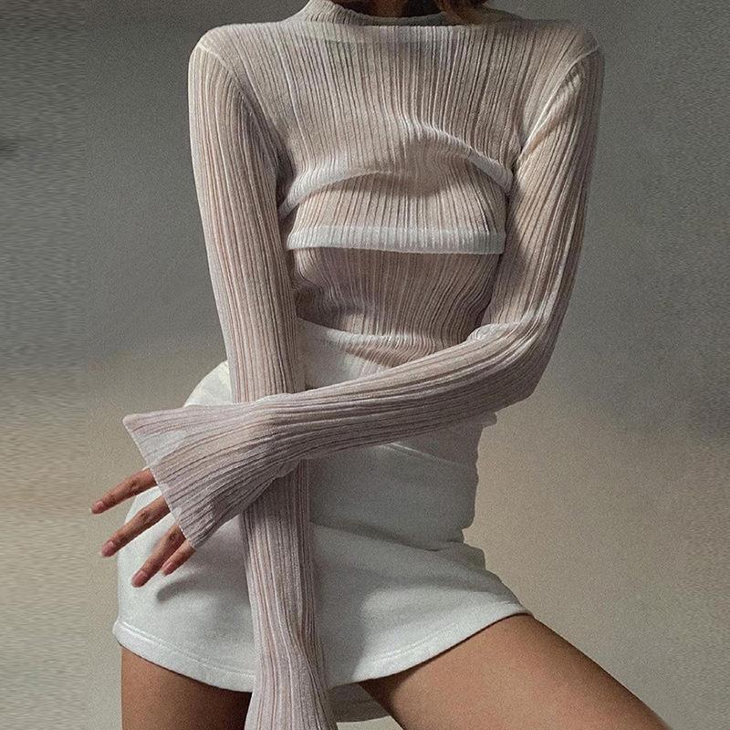 Sexy See Through Long Sleeve Mock Neck Women Tops Fashion Streetwear T-Shirts Tees Elegant Ladies Slim Clothes