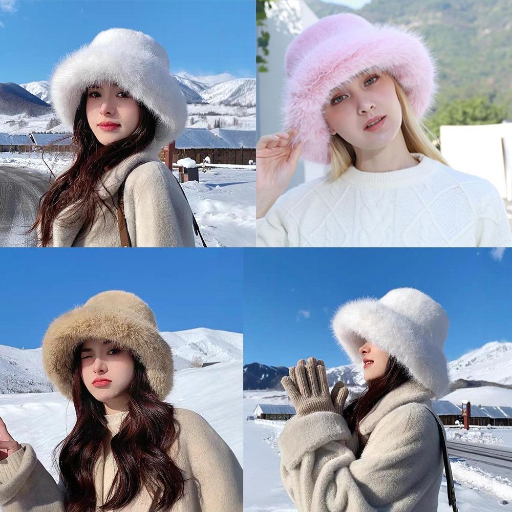 Cold Fluffy Fur Bucket Hat Thicken Plush Fisherman Hat New Berets  Women