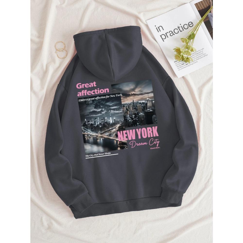 Толстовки с принтом New York Dream City, повседневная мода, женский пуловер, теплая толстовка с карманом, оверсайз, уличная одежда