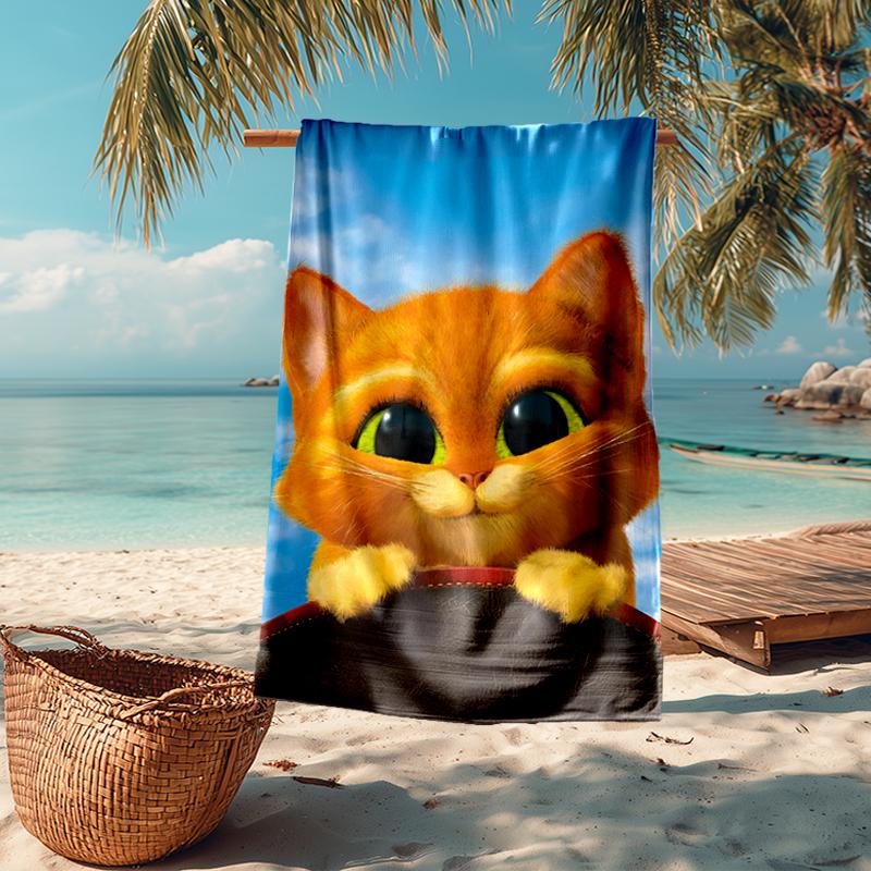 Ultra-Soft Beach Towel with Puss In Boots Theme,Ideal for Pool - Camping, Diving - Perfect Travel Essential, Vibrant Beach Towel.