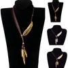 Bohemian Women Rhinestone Feather Pendant Faux Leather Rope Necklace Jewelry