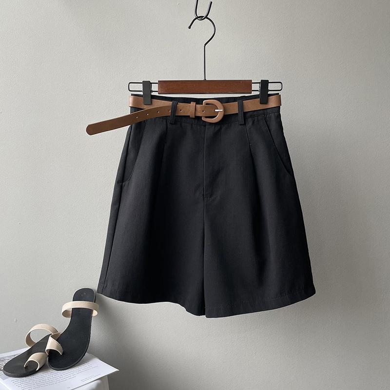 WTEMPO Cotton Shorts Women High Waist Wide Leg A Line Suit Shorts with Belt Office Lady Solid Loose Casual All Match Short Pants
