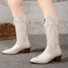 2025 Высокие сапоги Женские Осенние Винтажные Заостренный носок Вышитый рукав Узкие Ковбойские сапоги в западном стиле
