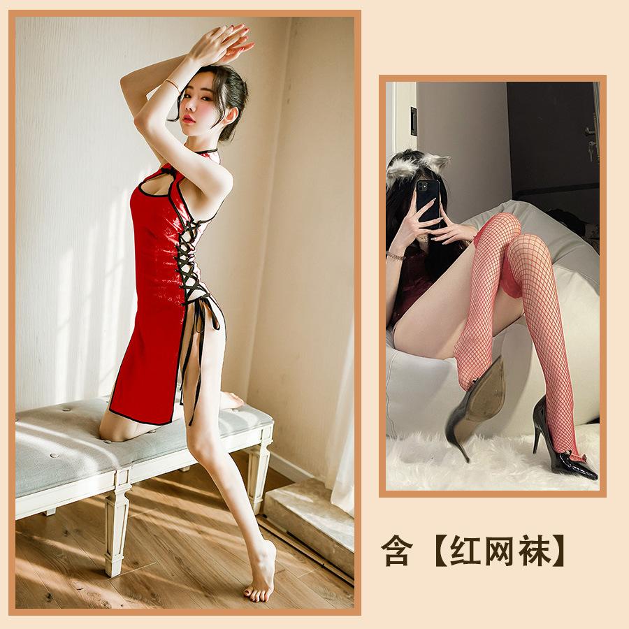 Sex underwear cheongsam dark flower straps temptation tight sexy hollow slit suit