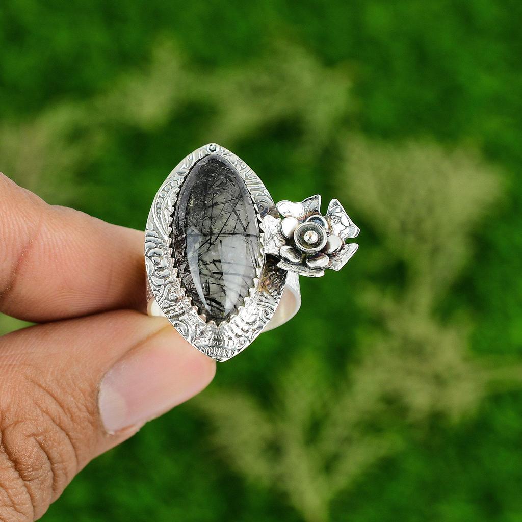 Gift For Her Natural Black Rutile Statement Flower Ring Size 9 925 Silver