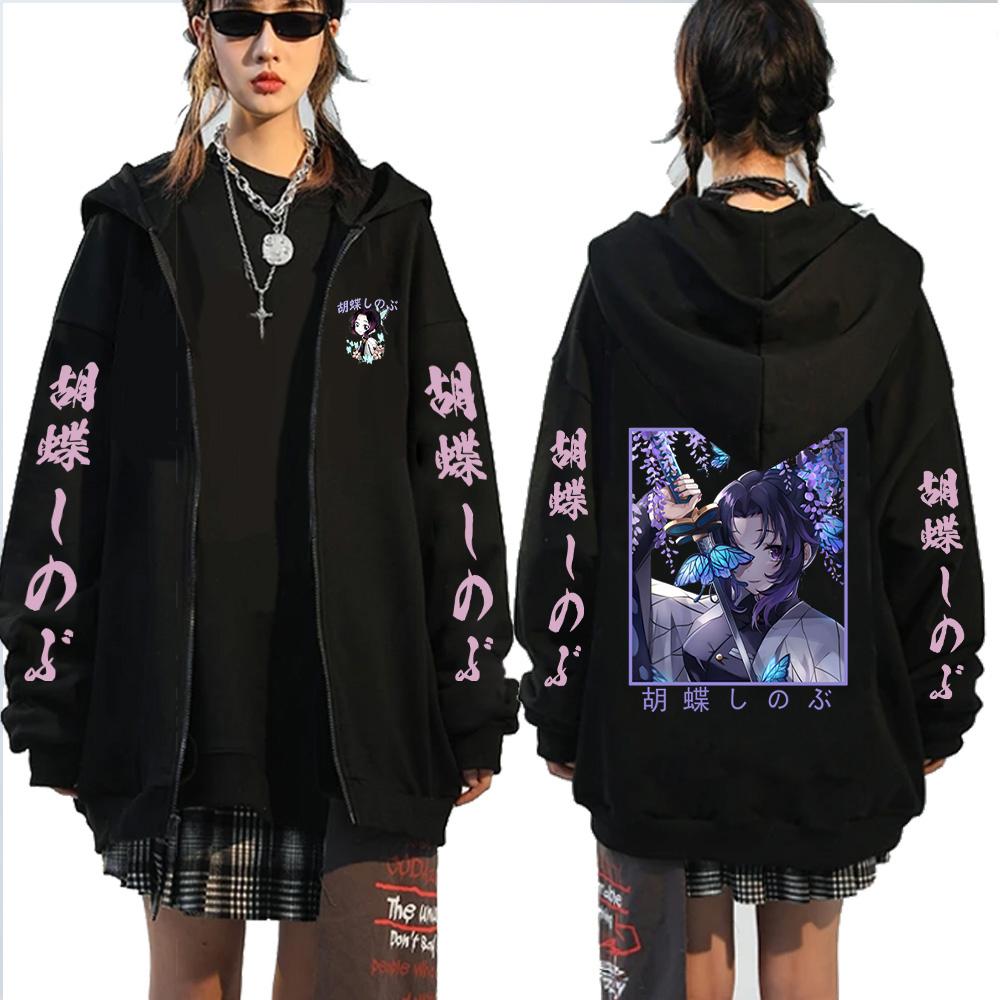 Hot Anime Demon Slayer Kochou Shinobu Cute Print Hooded Men Women Kimetsu No Yaiba Zipper Hoodies Harajuku Sweatshirt Zip Jacket