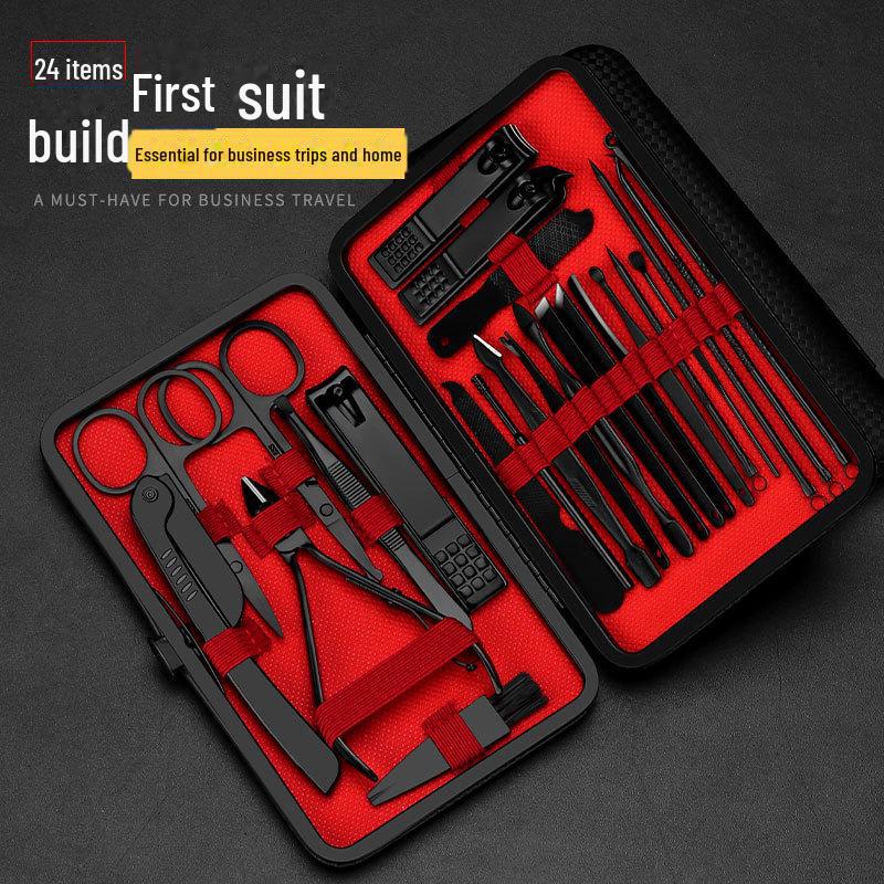 Набор из 24 предметов из черной нержавеющей стали для ухода за ногтями и грумингом