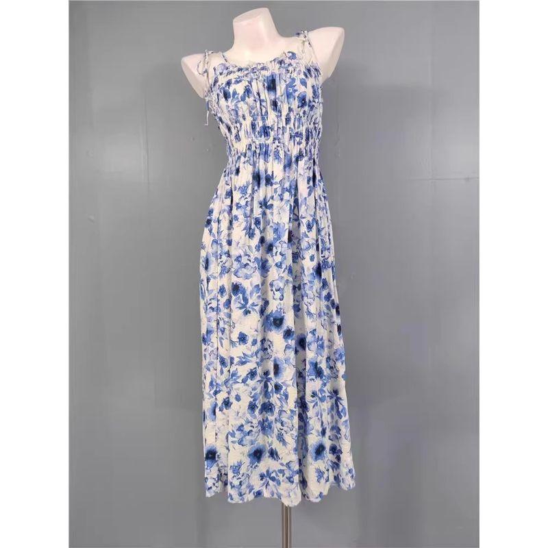 Foreign Trade Order H Home Summer New Fashion Exquisite Print Waist Hugging Slimming Elegant Vacation Cotton Stretch Dress