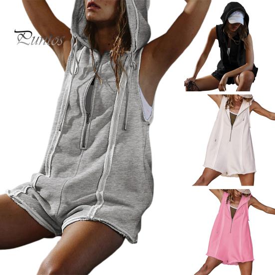 Women's Summer Short Jumpsuits Half Zip-up Sleeveless Hooded Jumpsuit Overalls Athletic One Piece Romper with Pockets