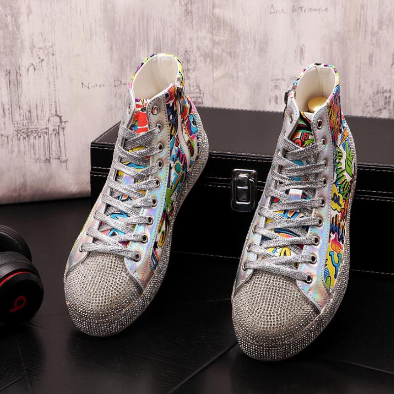 Мода Новые Мужские высокие кеды глажка парусина граффити доска дух молодого человека ослепительный цвет кожа низкие повседневные туфли A8